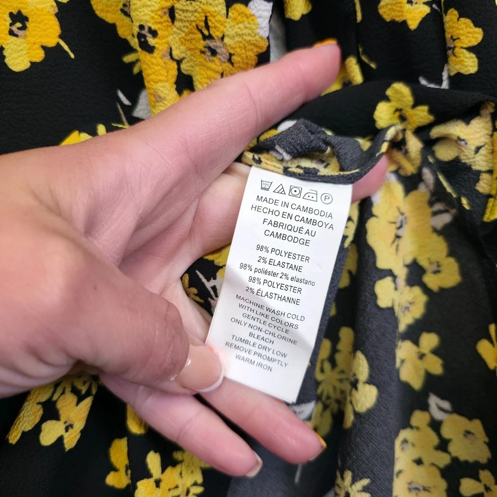 Michael Kors Top Womens L Black Yellow Tie Sleeve Floral Colorful Resort Elegant